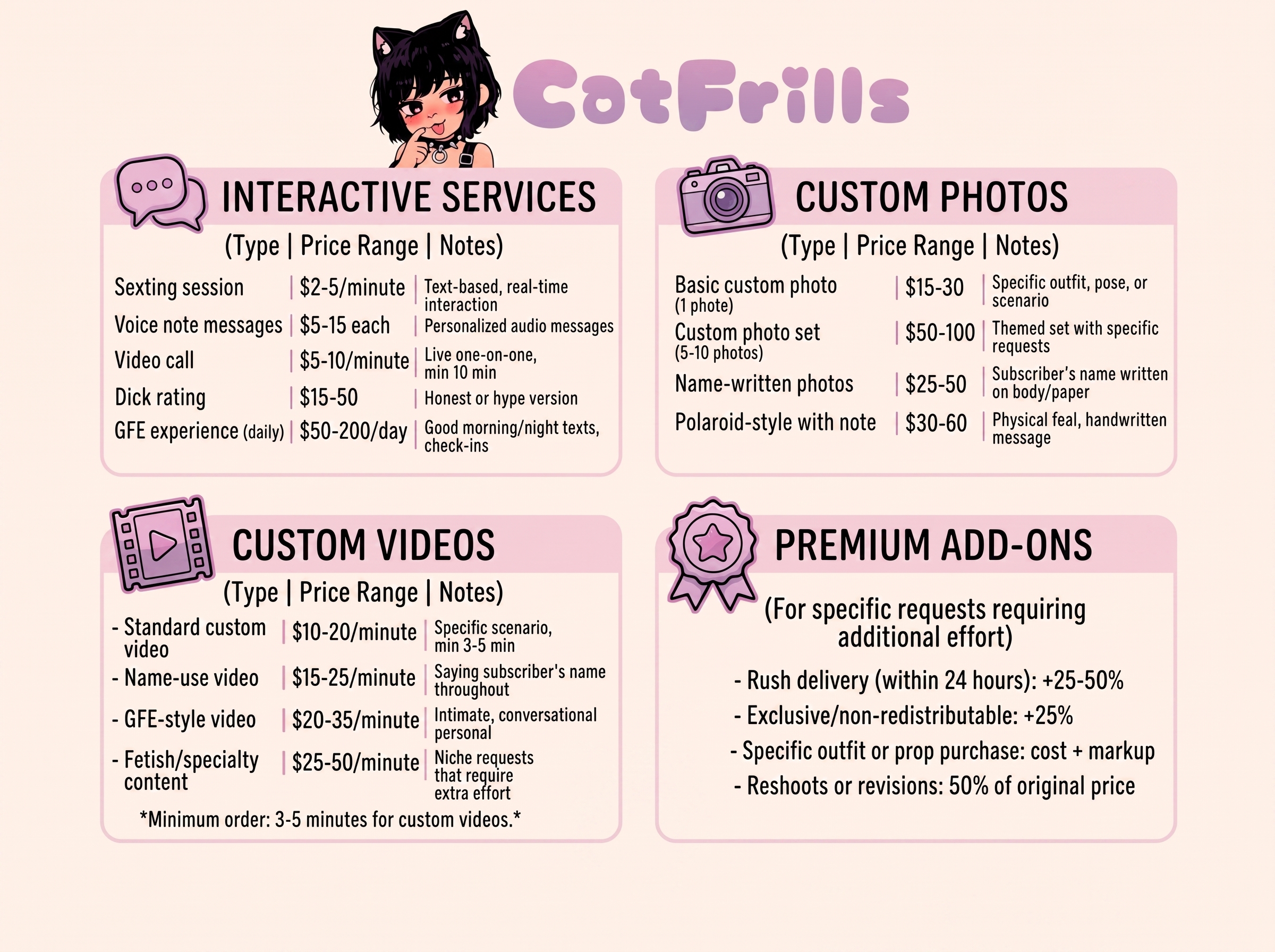 Catfrills Services Menu